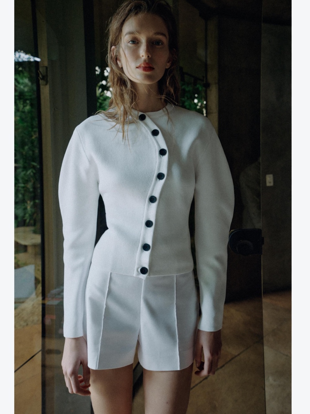 Zara White Button-Front Textured Cardigan with Black Buttons